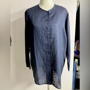 AKA Eddie Bauer Women’s 100% Linen Tunic Top, Large, Blue, Long Sleeves, Chic